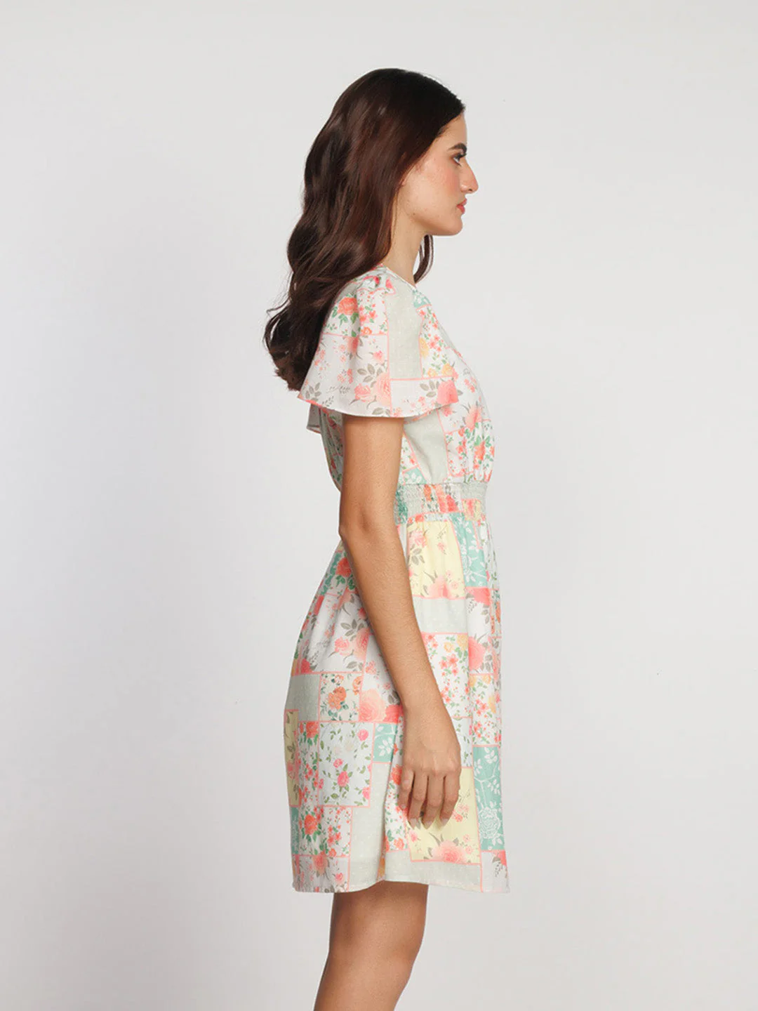 White Floral Printed Flared Short Dress - Image 3