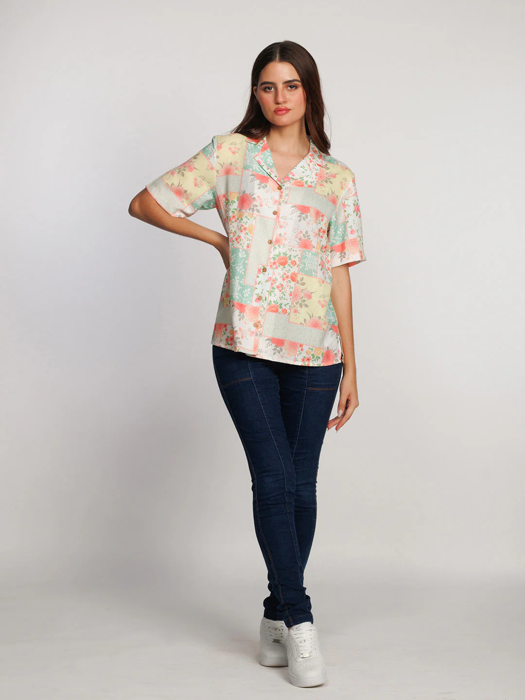 White Floral Printed Regular Shirt