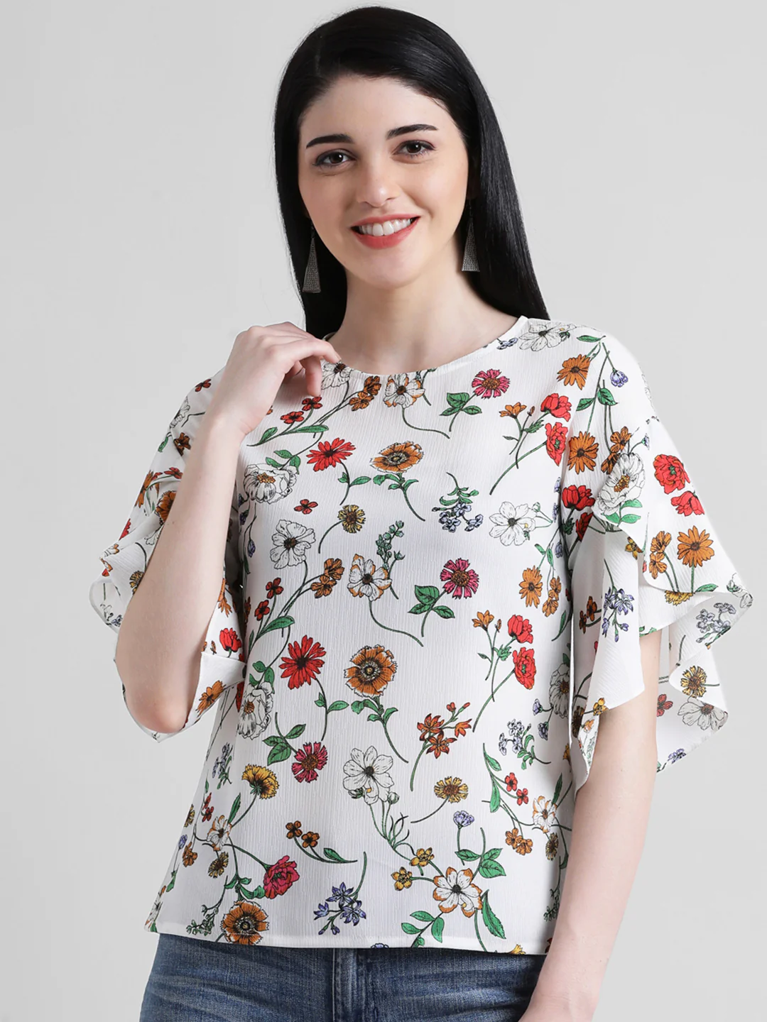 White Floral Printed Regular Top