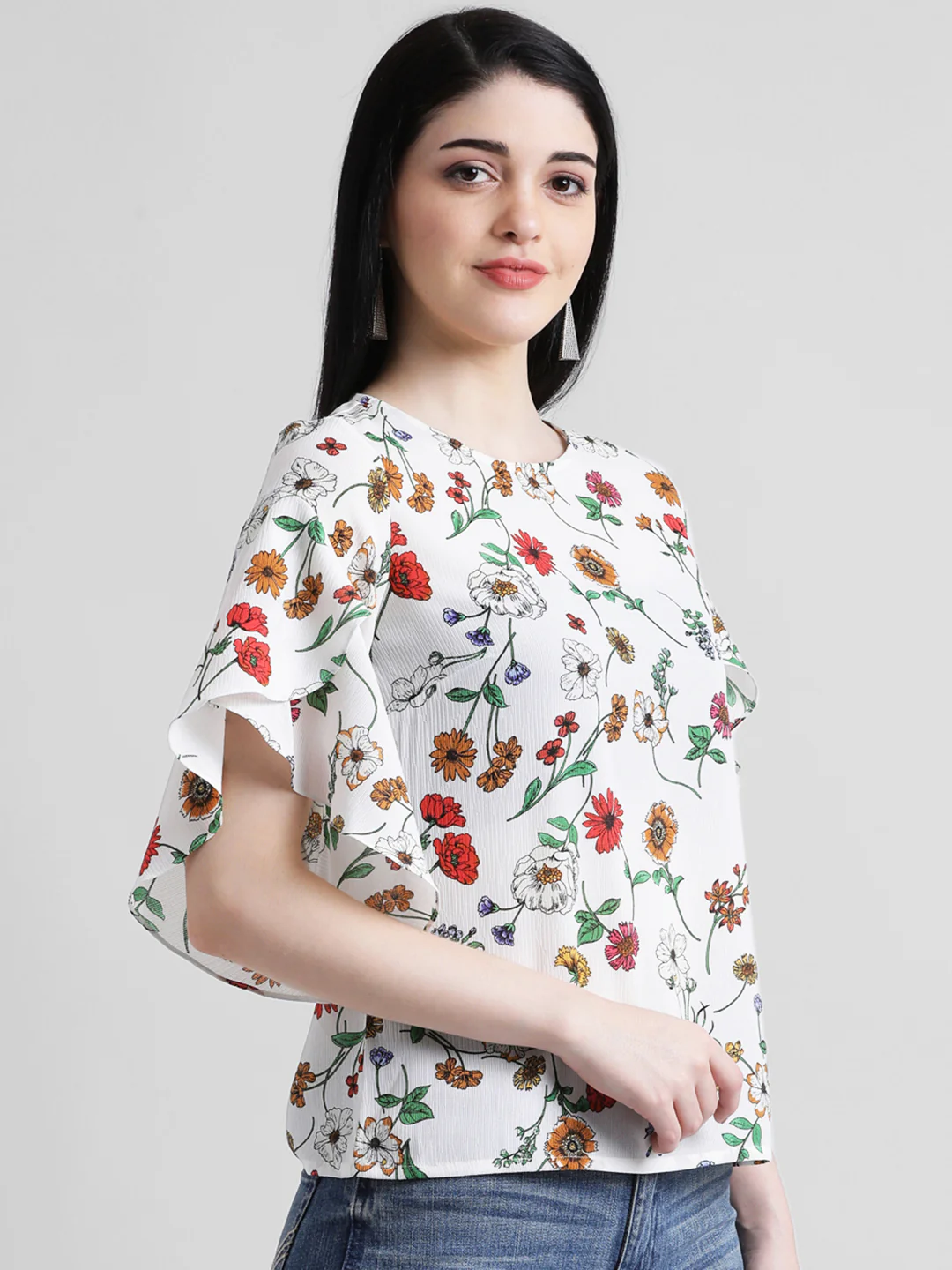 White Floral Printed Regular Top - Image 3