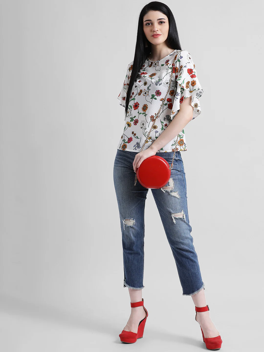 White Floral Printed Regular Top - Image 5