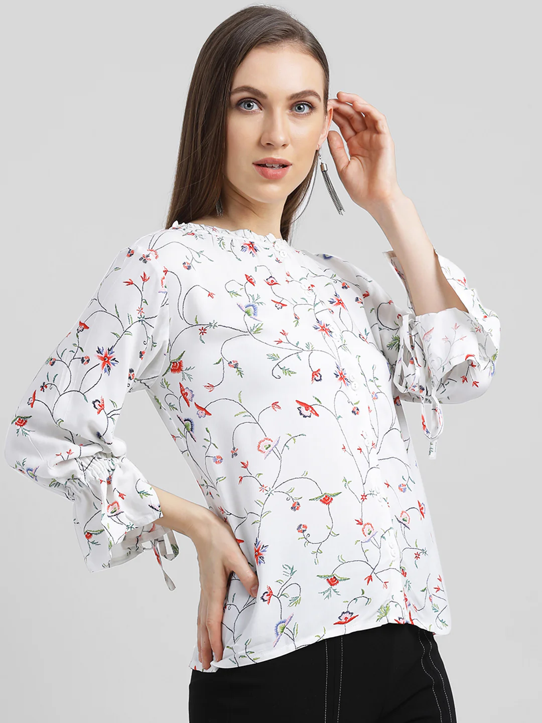 White Floral Printed Regular Top - Image 3