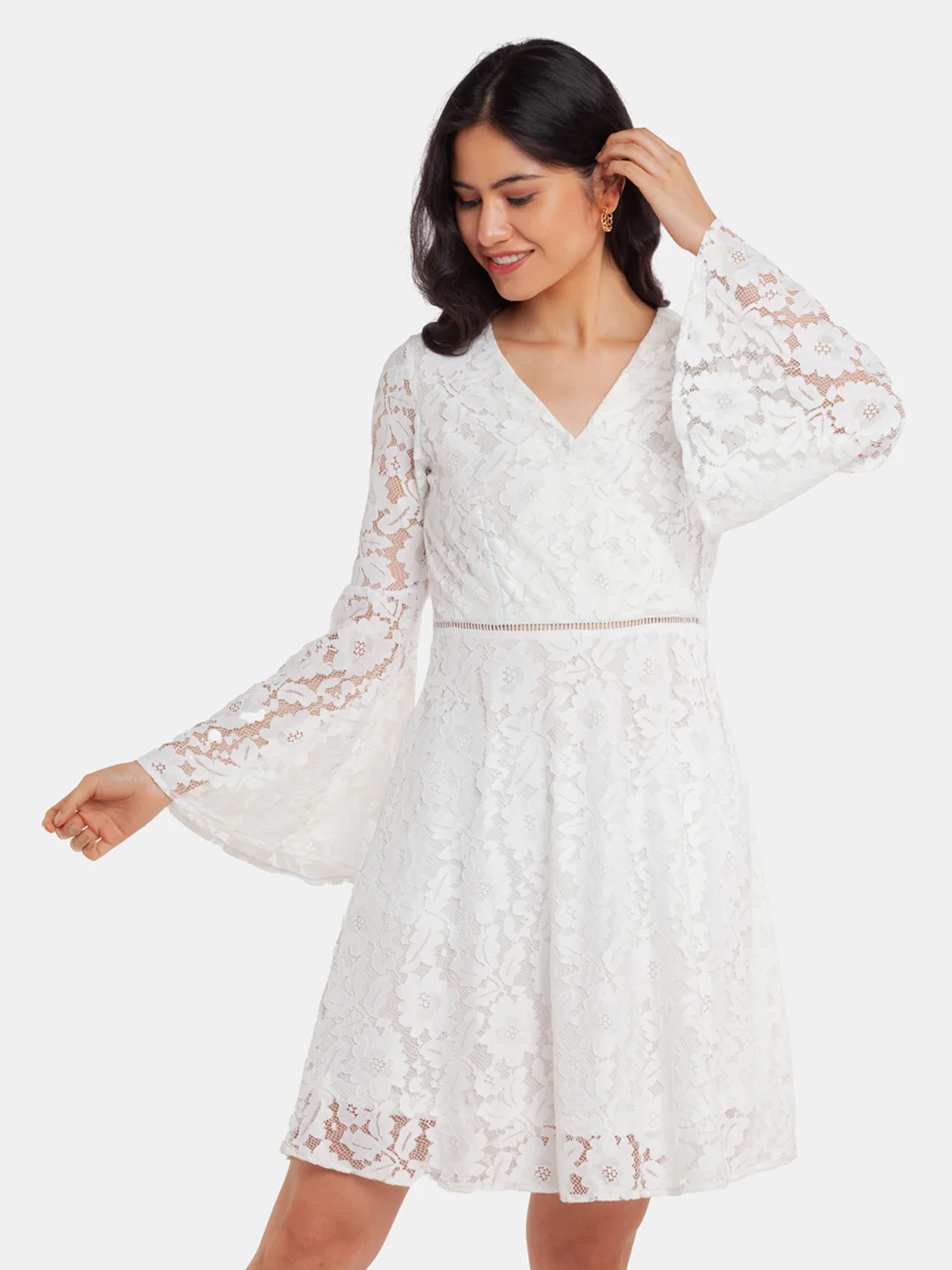 White Lace Flared Sleeve Short Dress - Image 2