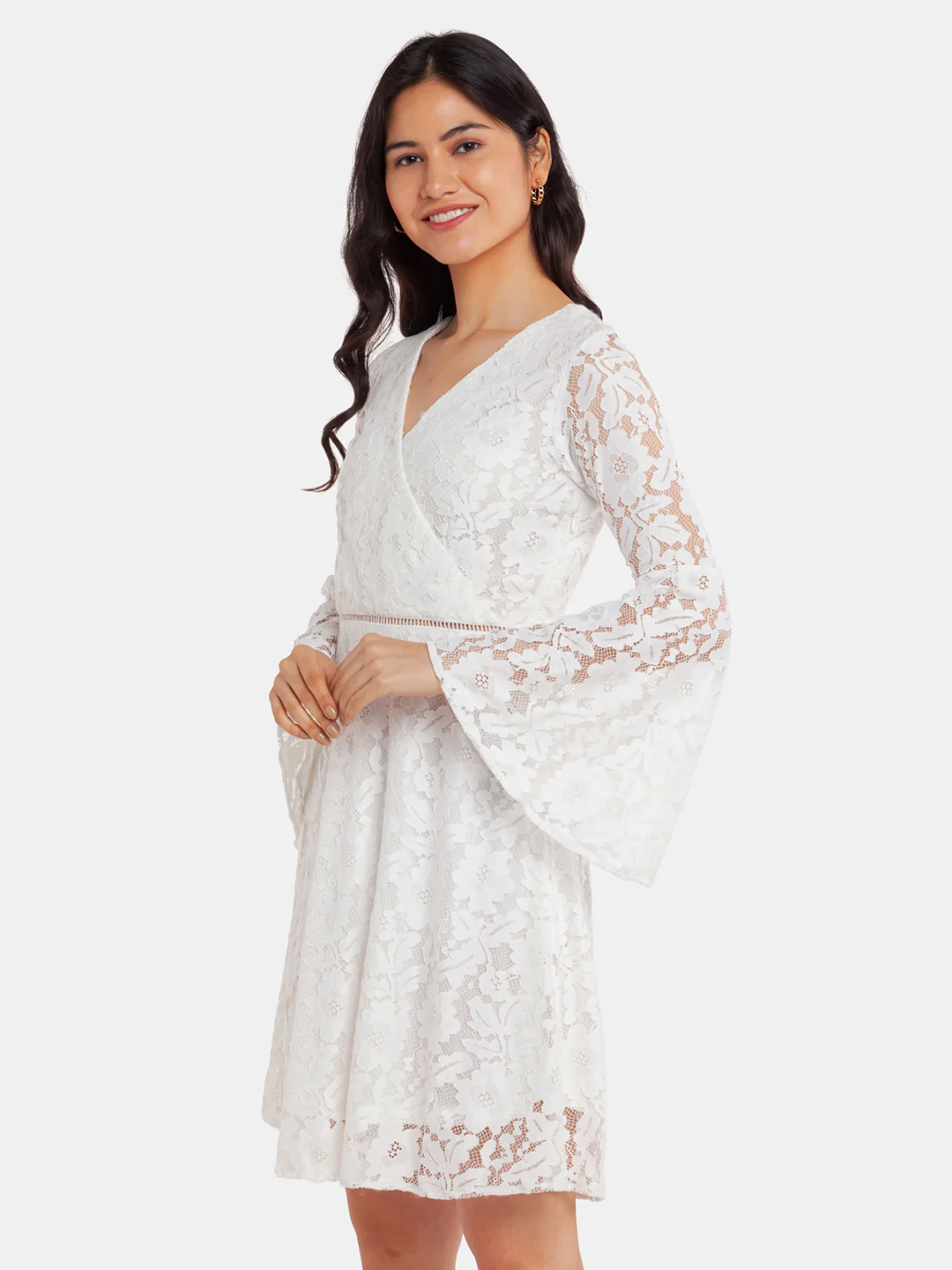 White Lace Flared Sleeve Short Dress - Image 3