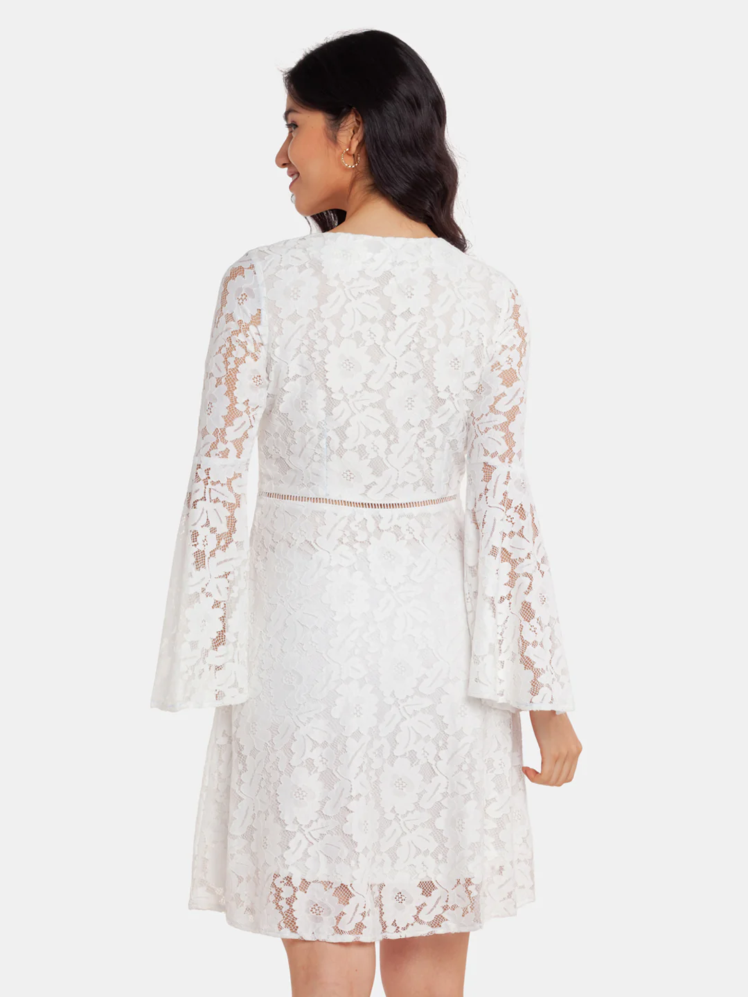 White Lace Flared Sleeve Short Dress - Image 4