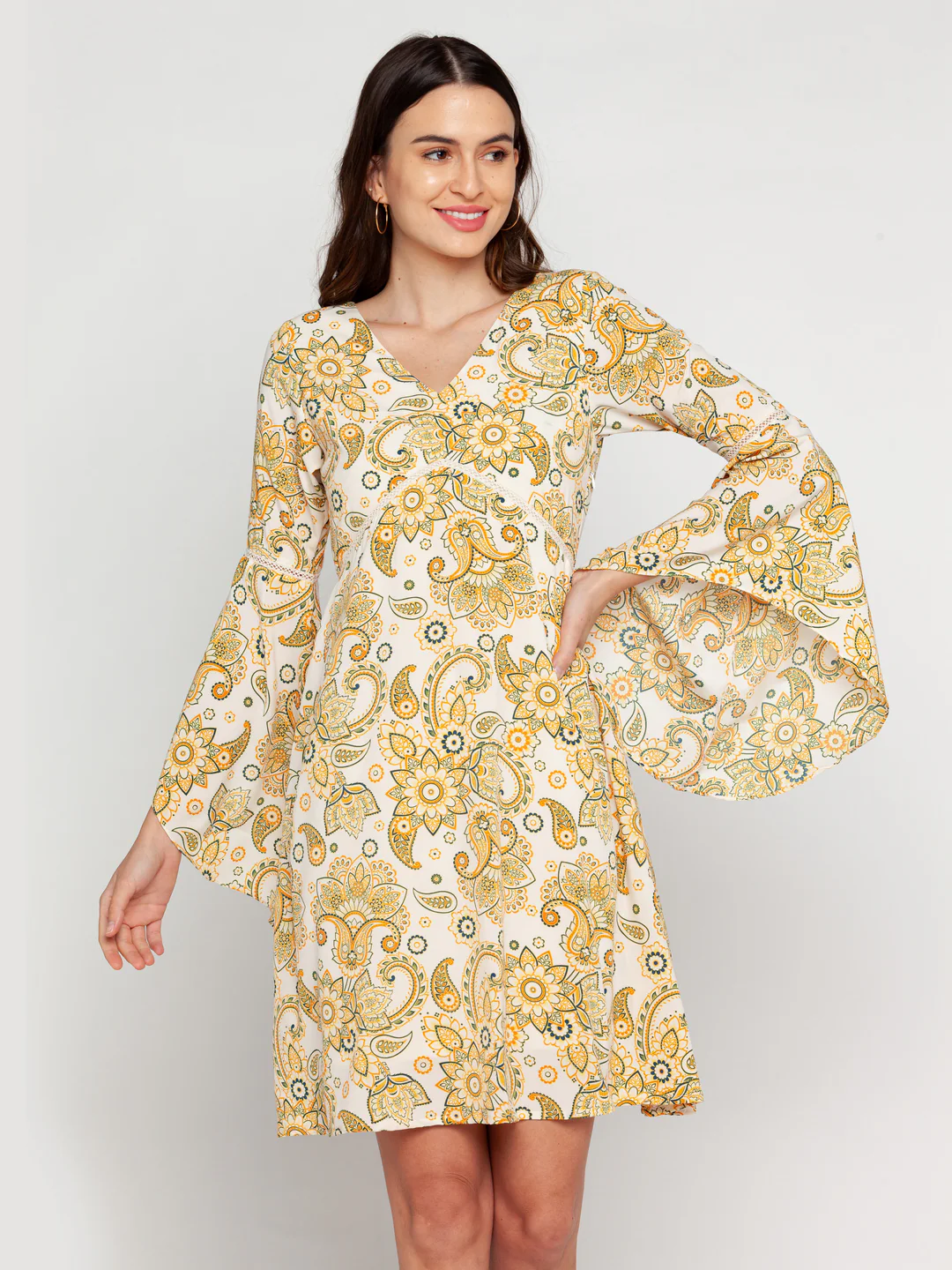 White Ornamental Printed Flared Sleeve Short Dress - Image 2