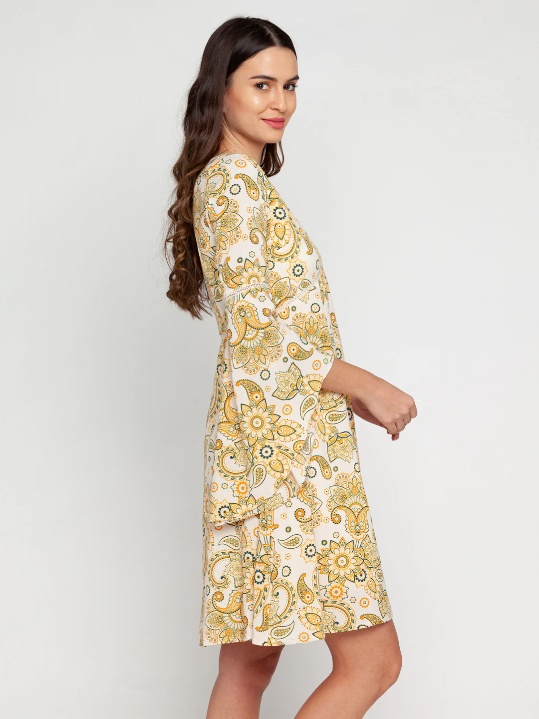 White Ornamental Printed Flared Sleeve Short Dress - Image 3