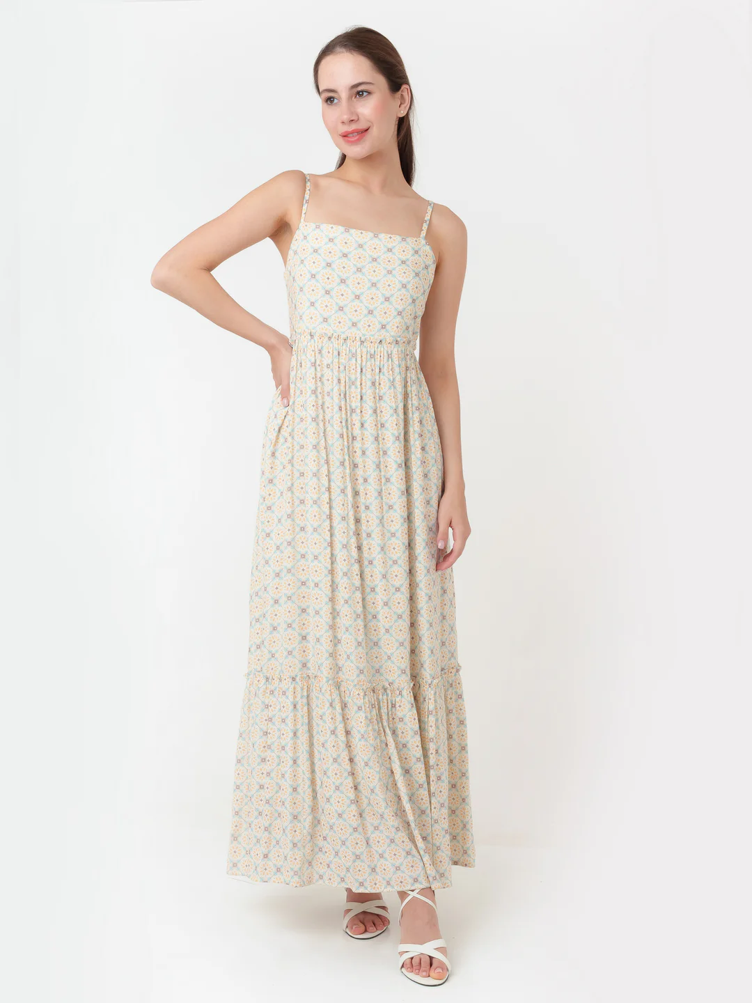 White Printed A-Line Maxi Dress - Image 3