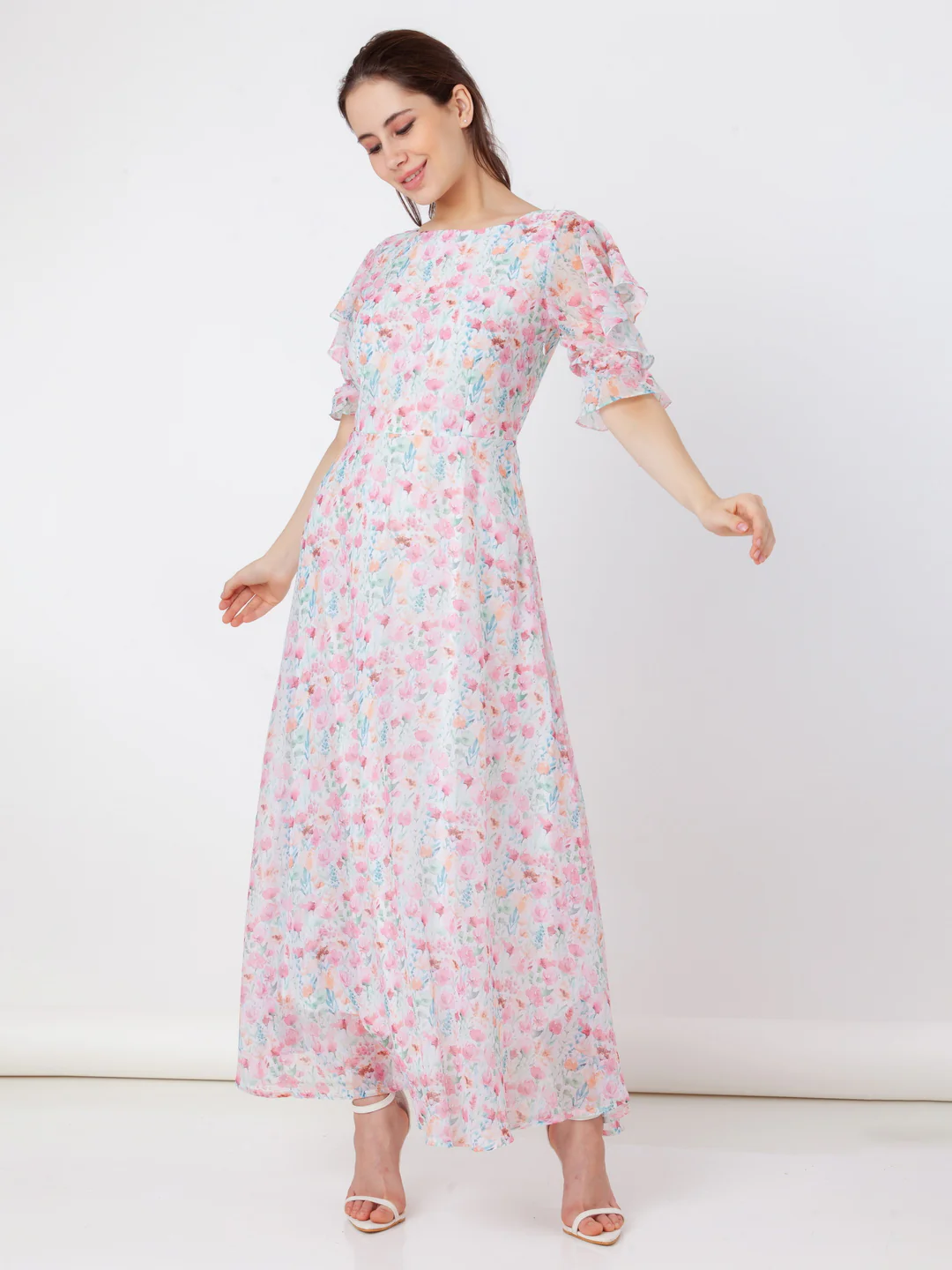 White Printed A-Line Maxi Dress