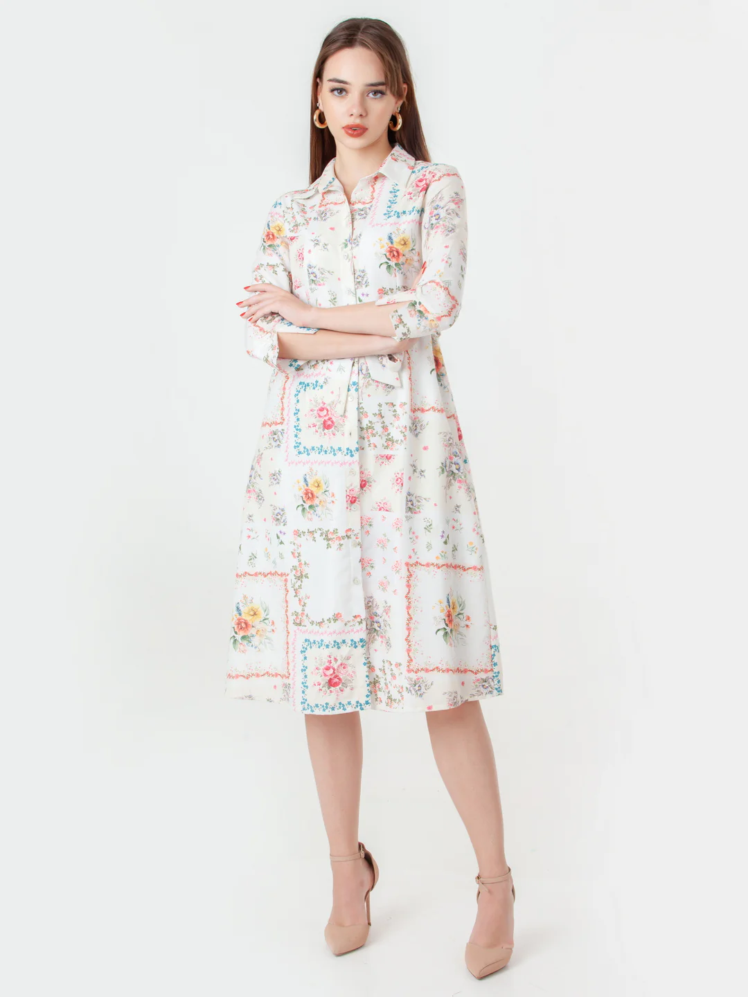 White Printed A-Line Midi Dress