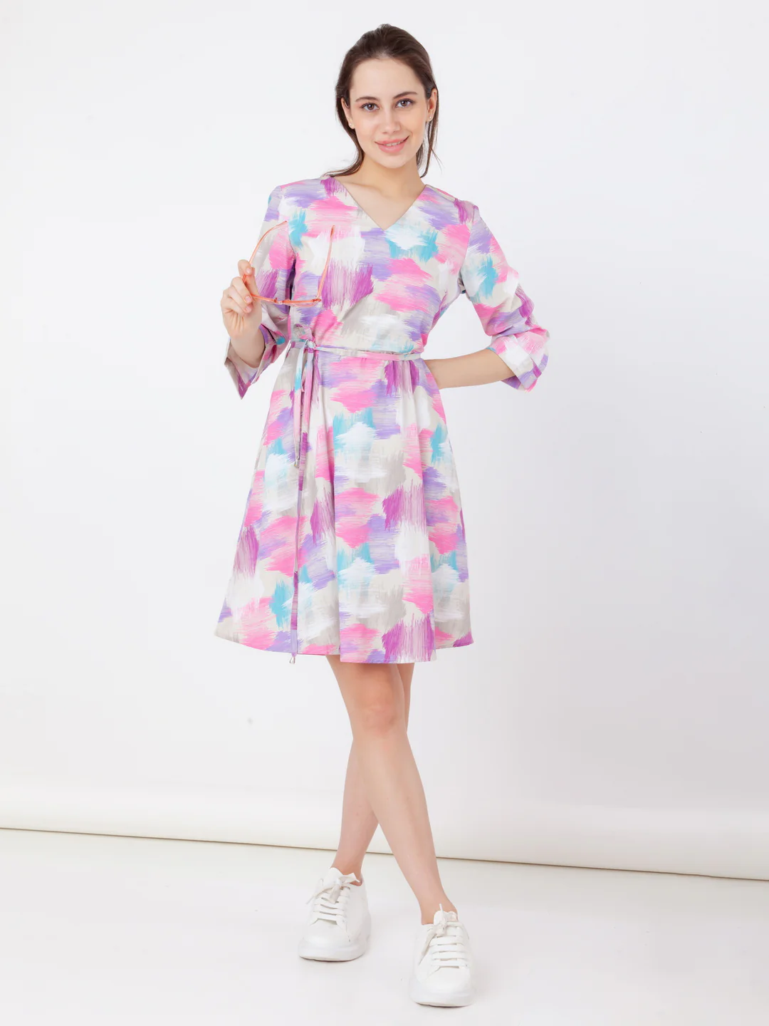 White Printed A-Line Short Dress