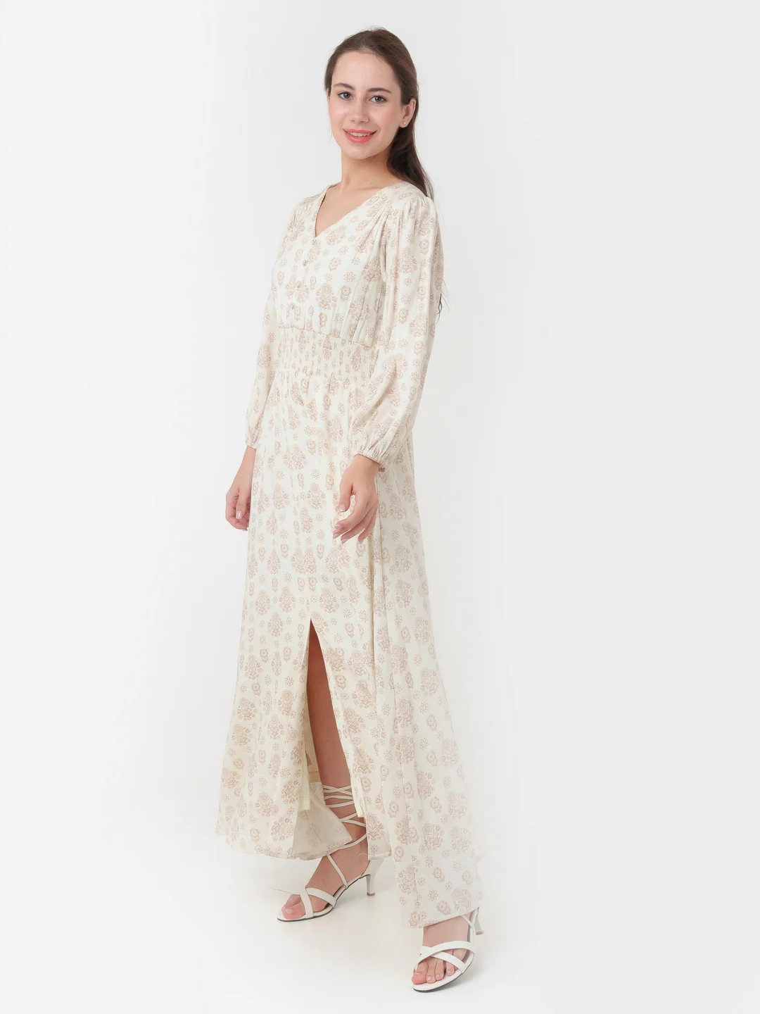 White Printed Flared Maxi Dress