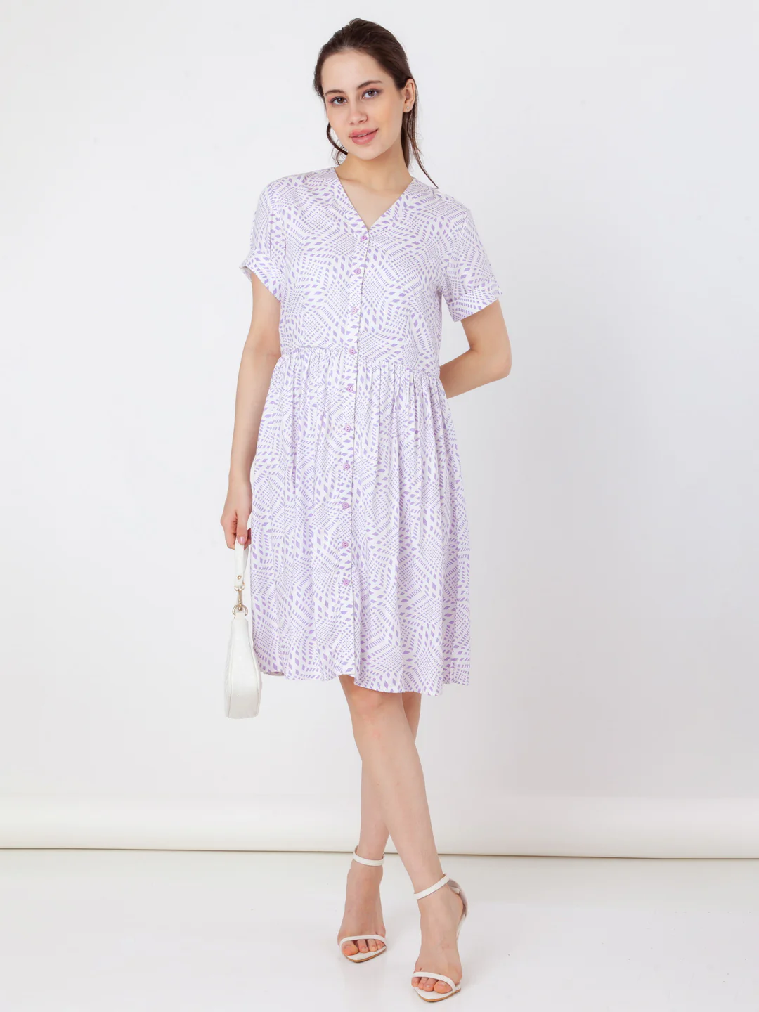 White Printed Flared Short Dress