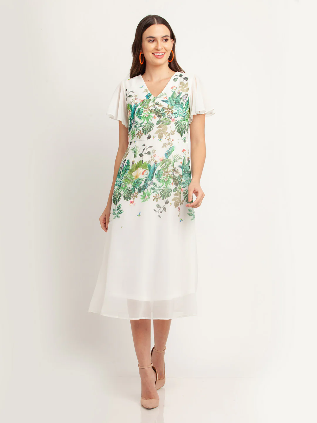 White Printed Flared Sleeve Maxi Dress - Image 2