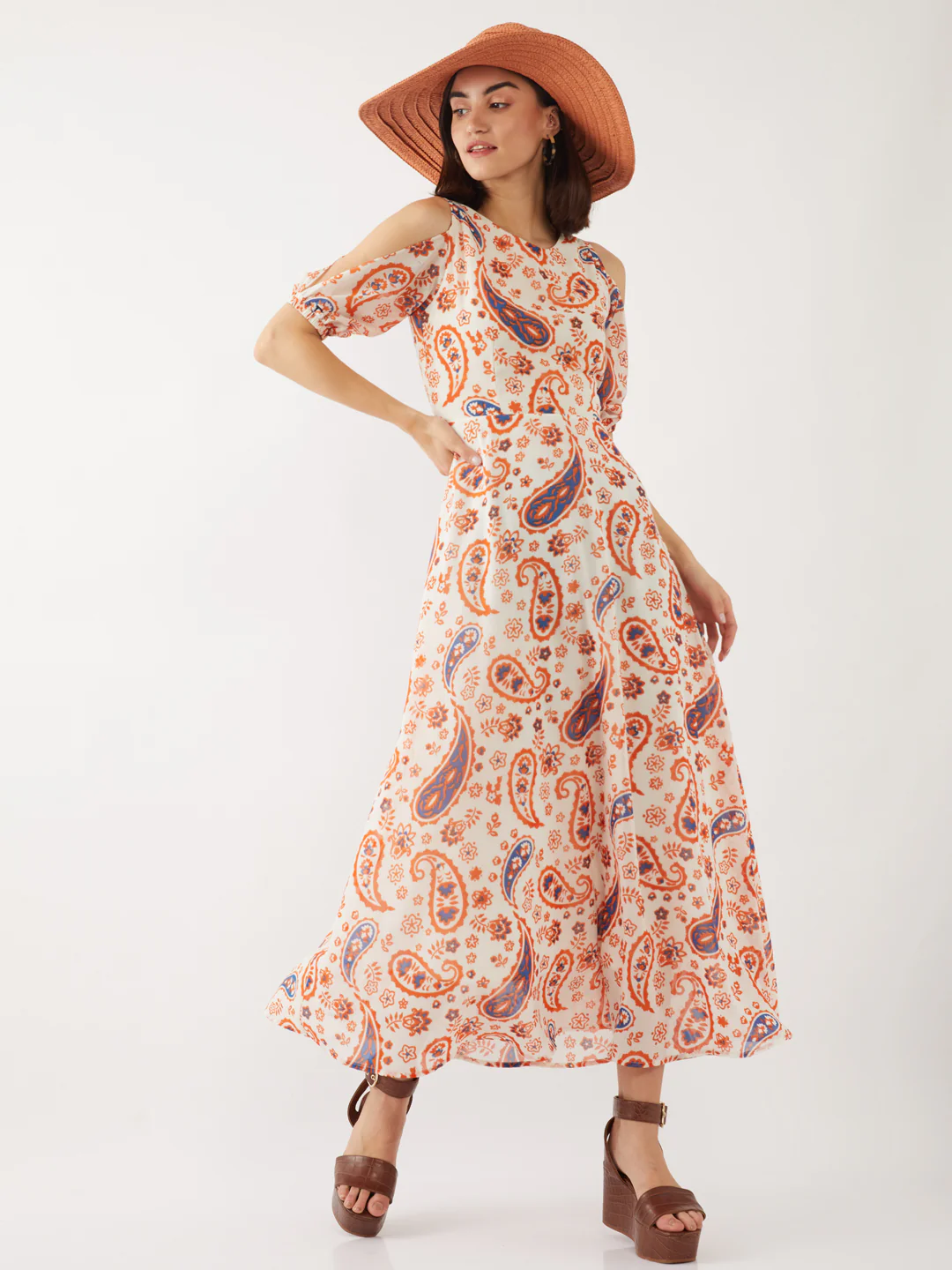 White Printed Flared Sleeve Maxi