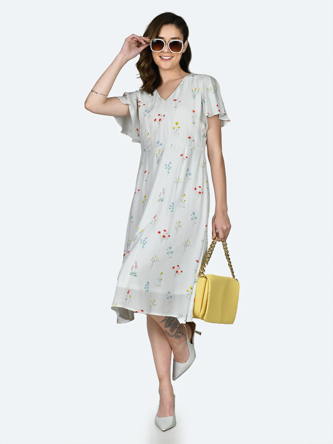 White Printed Flared Sleeve Midi Dress - Image 2