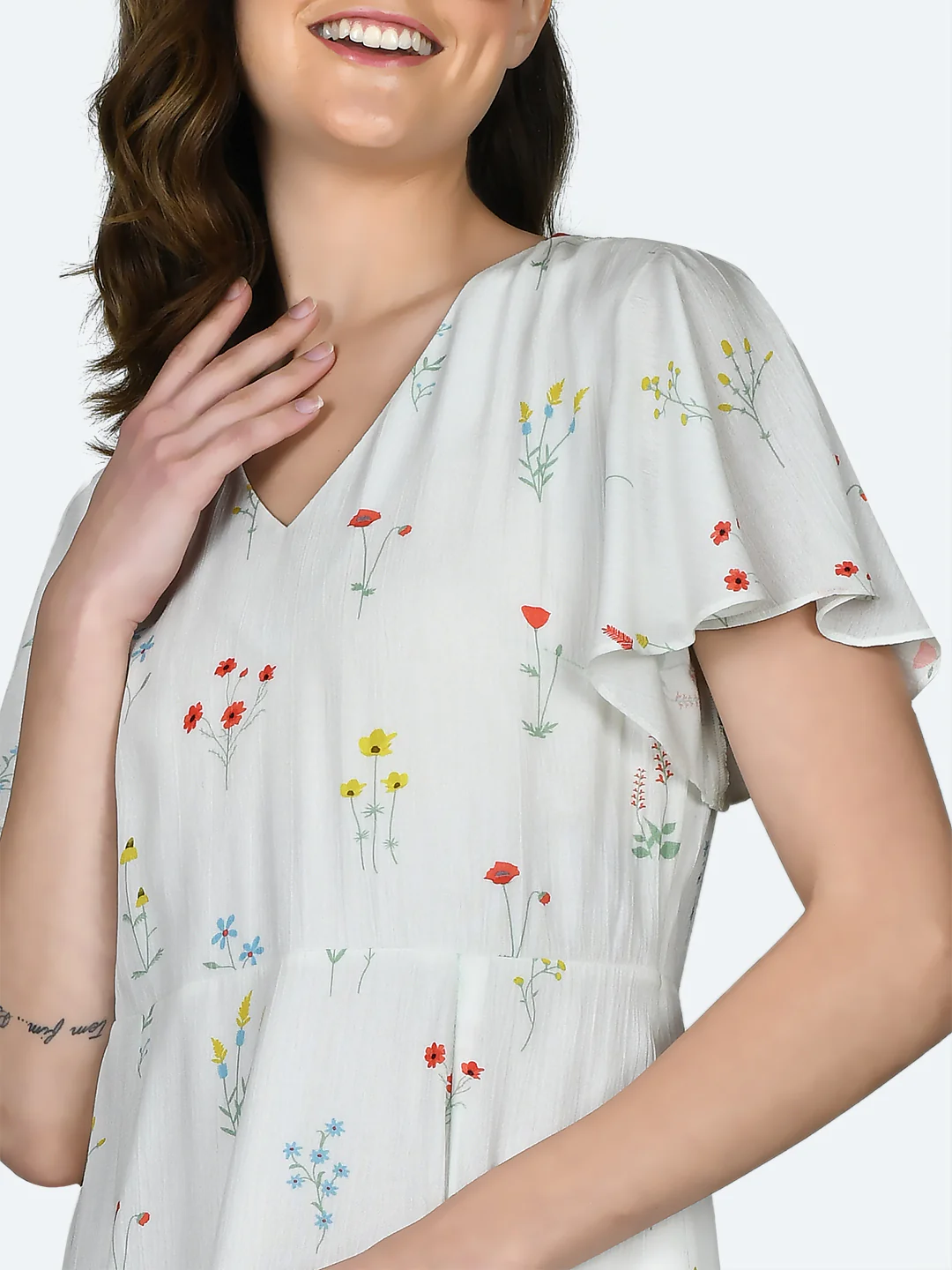 White Printed Flared Sleeve Midi Dress - Image 6