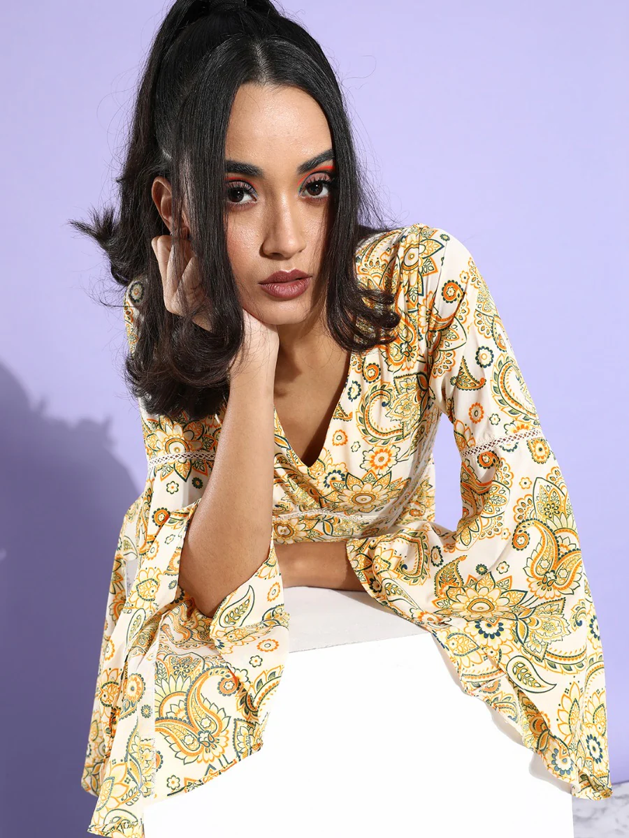 White Printed Flared Sleeve Short Dress - Image 2