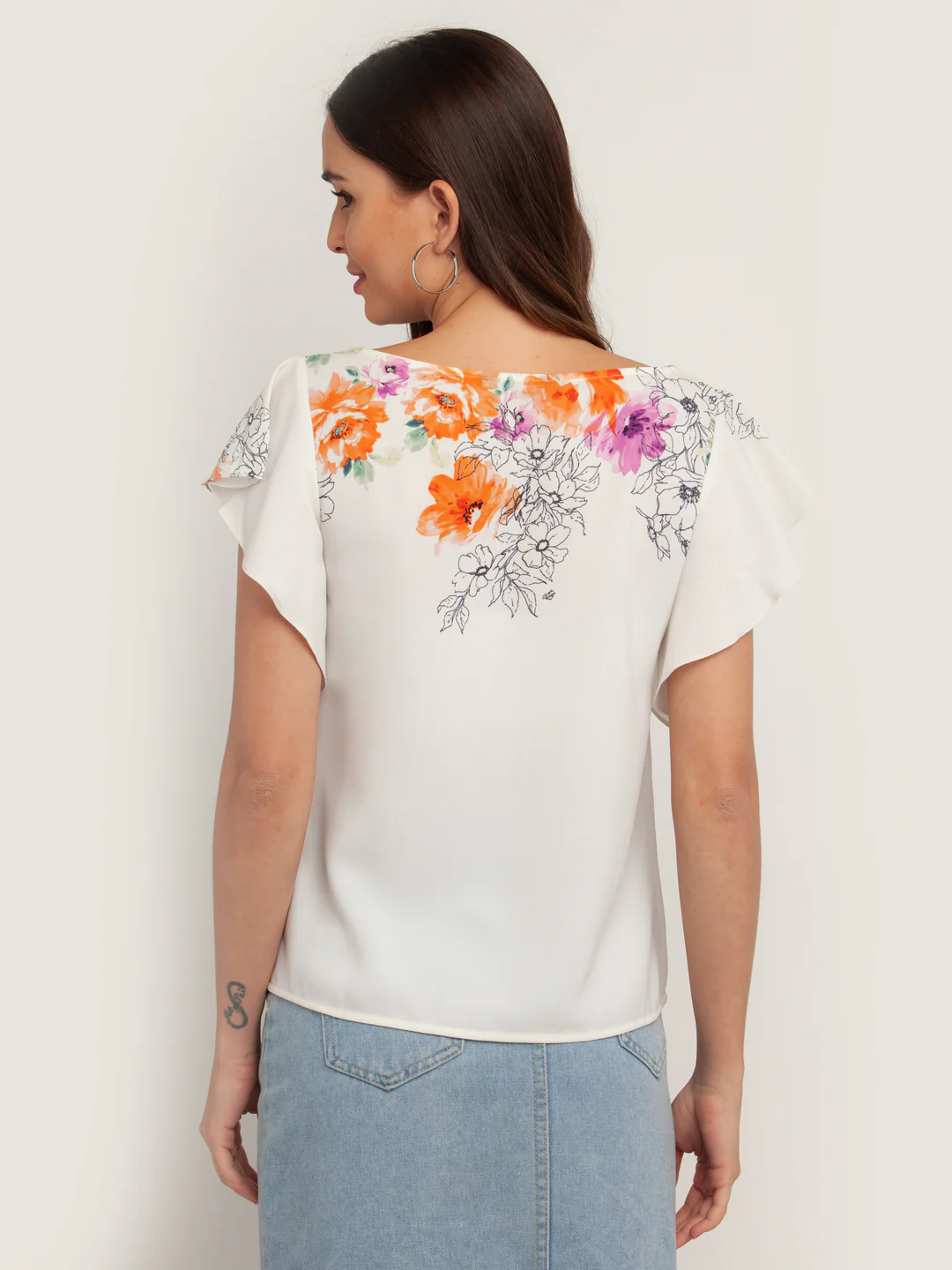 White Printed Flared Sleeve Top - Image 4