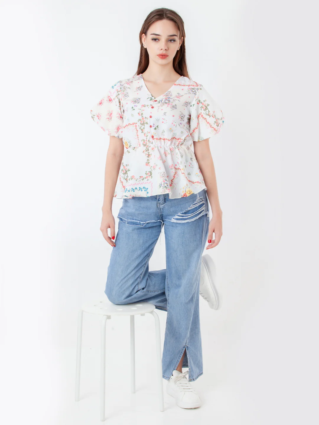 White Printed Peplum Top - Image 5