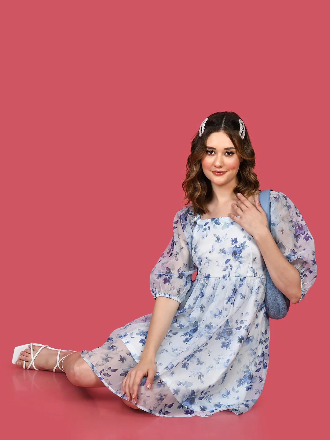 White Printed Puff Sleeve Short Dress - Image 3