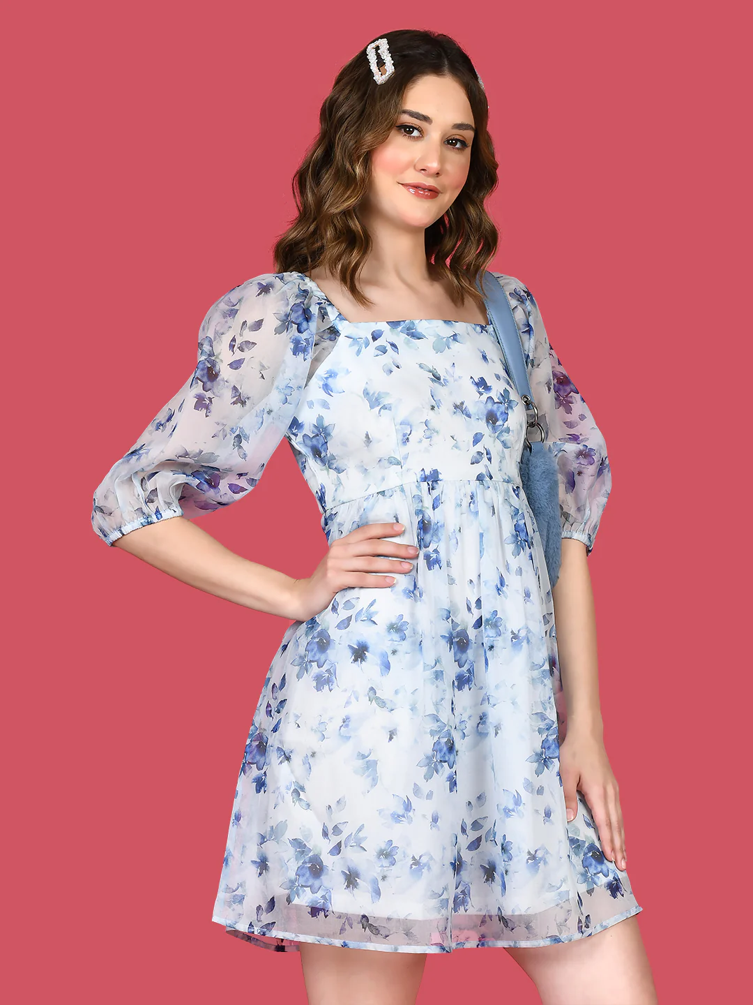 White Printed Puff Sleeve Short Dress - Image 5