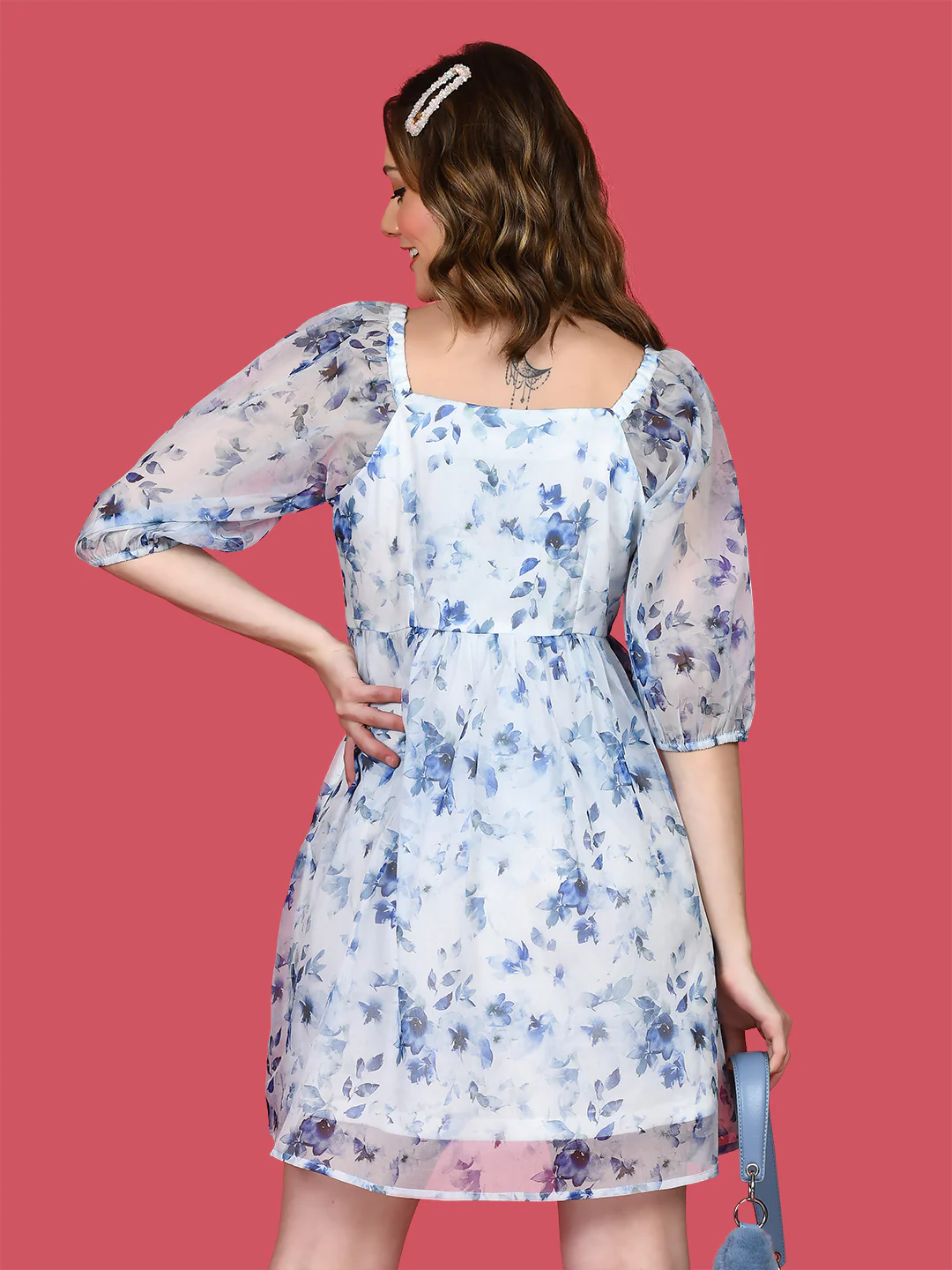 White Printed Puff Sleeve Short Dress - Image 6