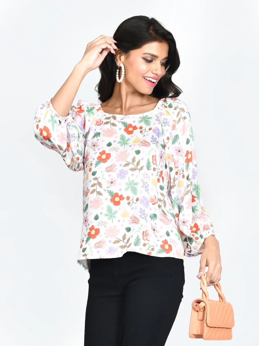 White Printed Puff Sleeve Top - Image 3