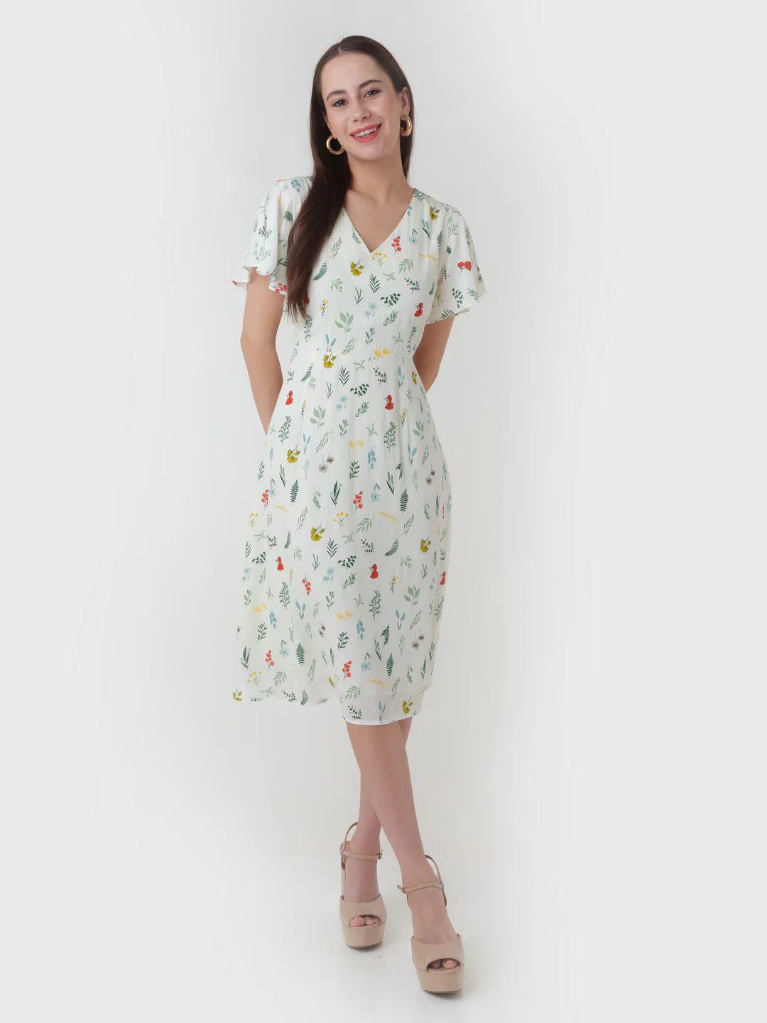 White Printed Regular Midi Dress