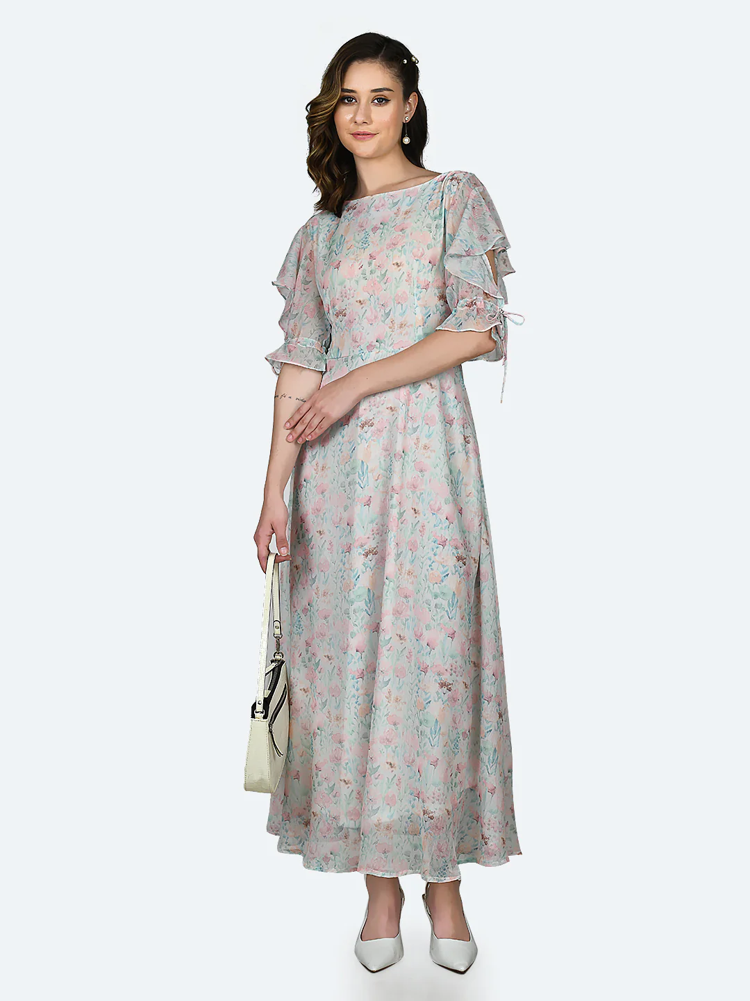 White Printed Ruffled Maxi Dress - Image 2