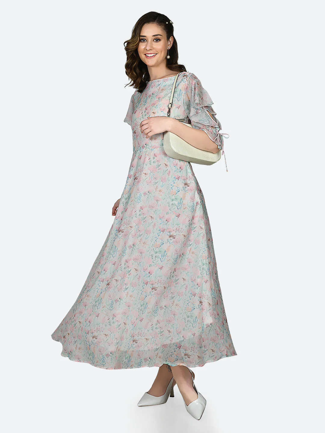 White Printed Ruffled Maxi Dress - Image 3