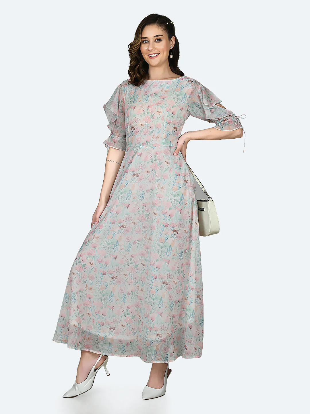 White Printed Ruffled Maxi Dress - Image 5
