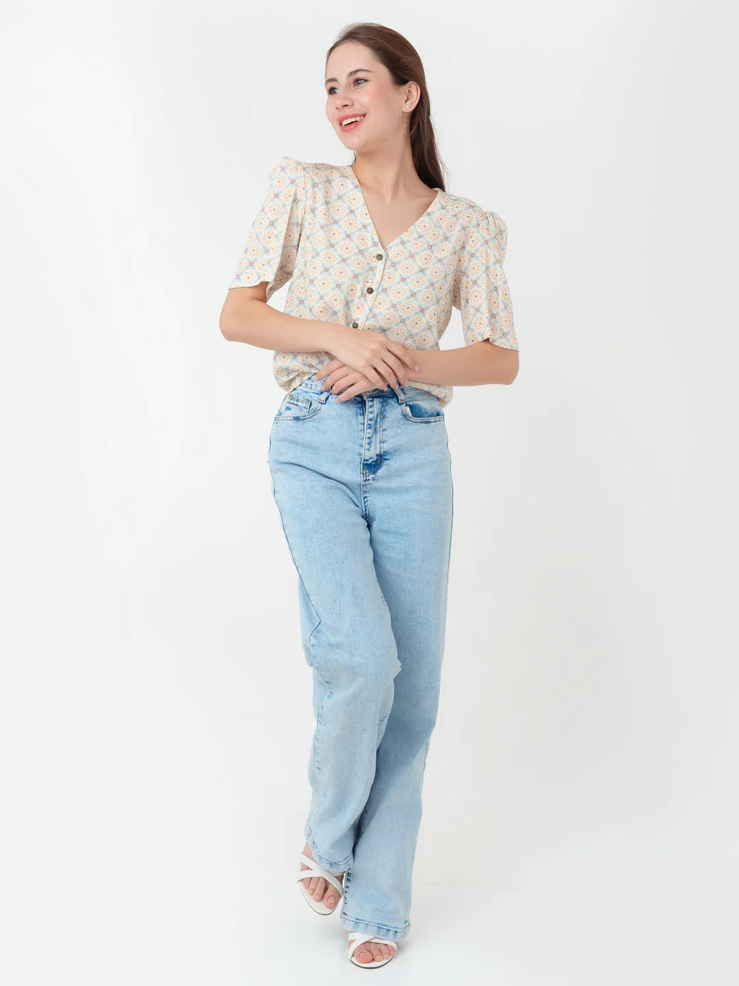 White Printed Straight Top