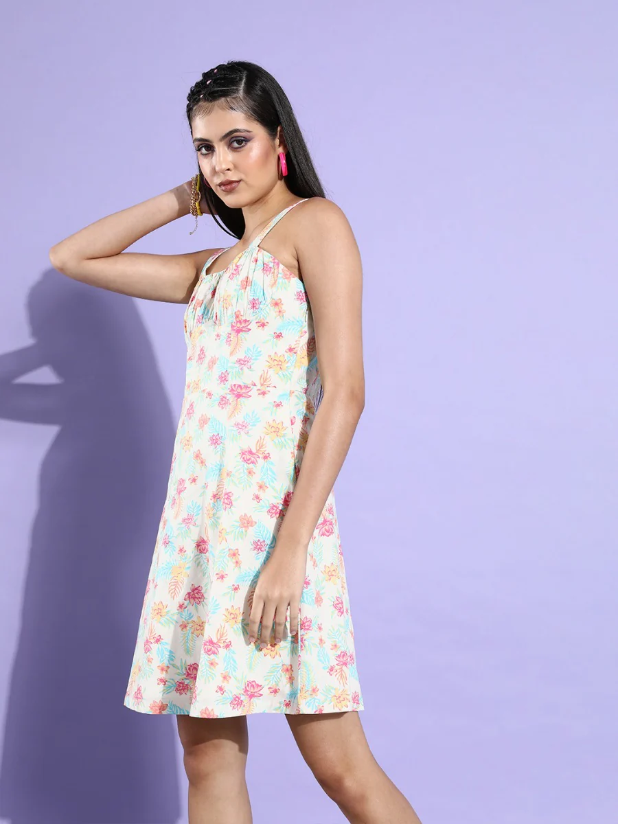 White Printed Strappy Short Dress - Image 3