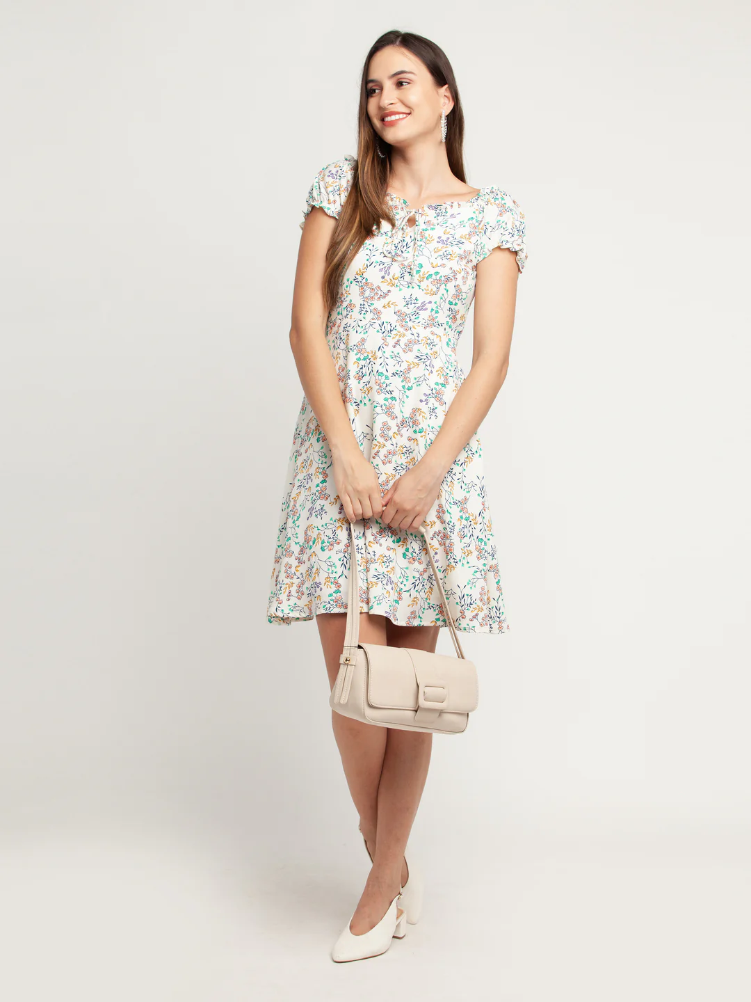 White Printed Tie-Up Short Dress