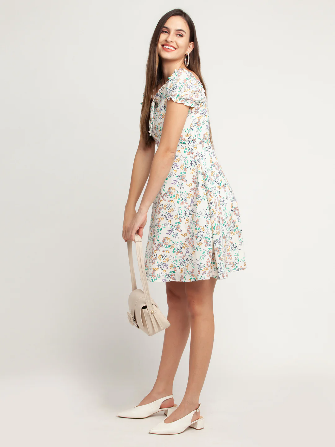 White Printed Tie-Up Short Dress - Image 5