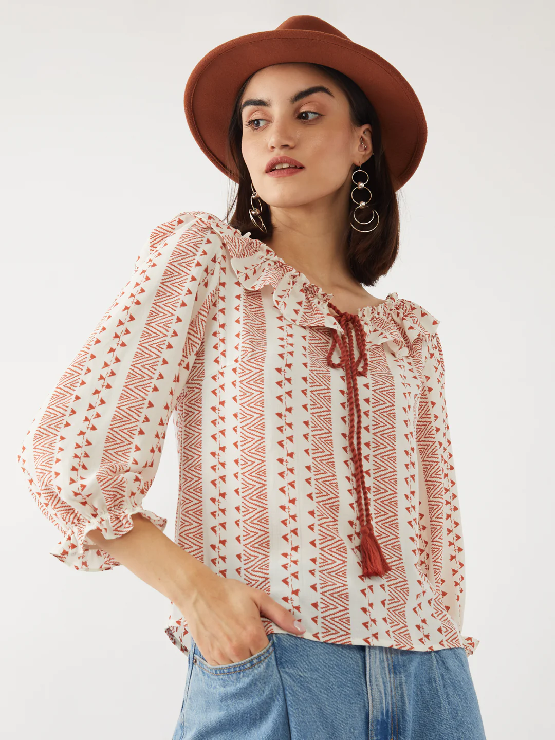 White Printed Tie-Up Top