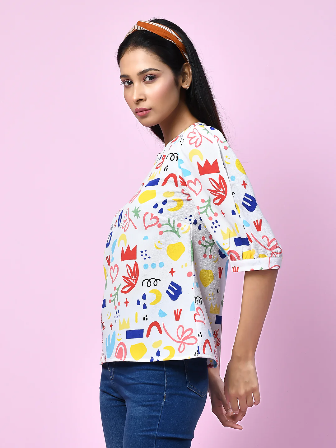 White Quirky Printed Puff Sleeve Top - Image 3