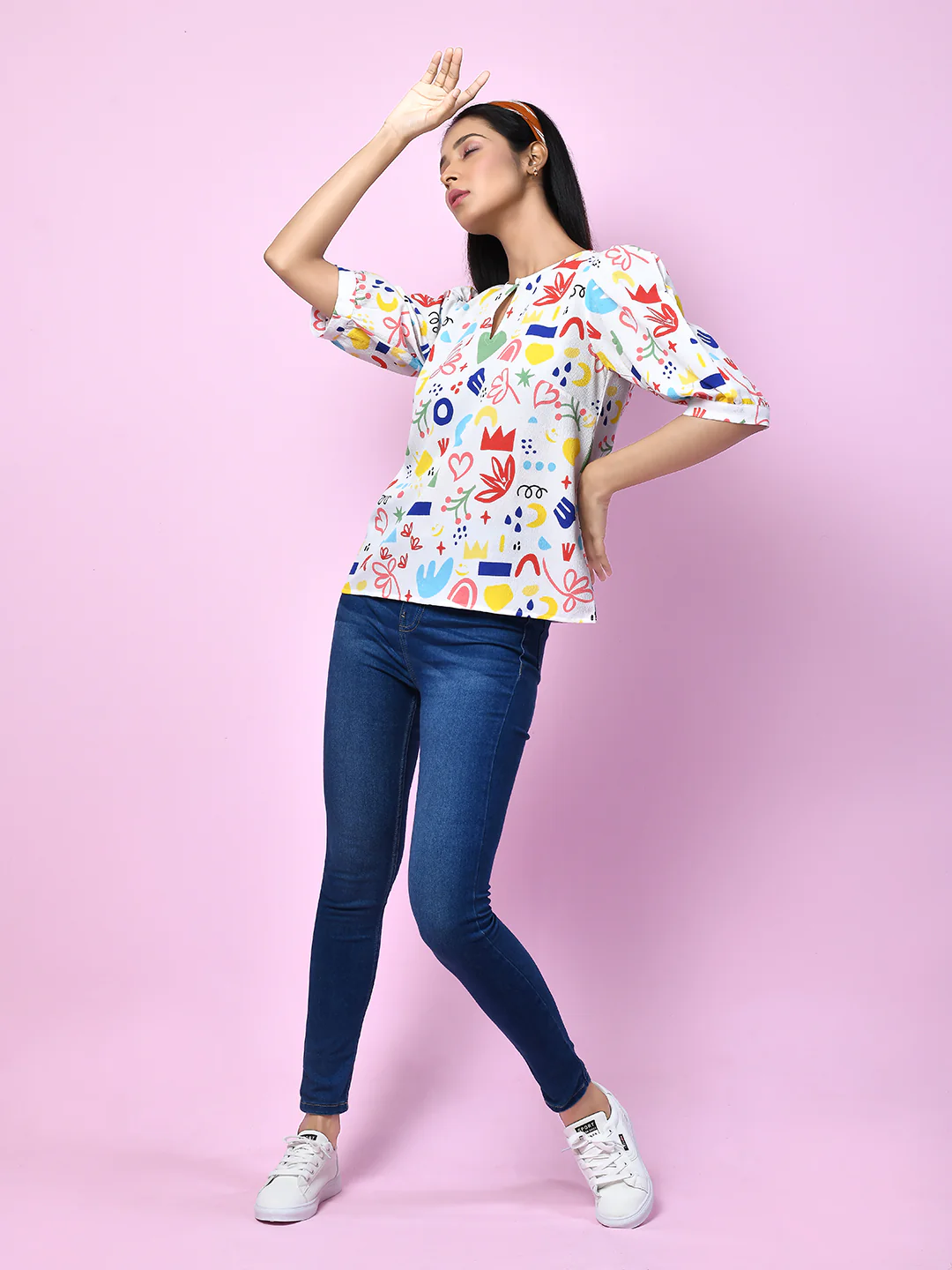 White Quirky Printed Puff Sleeve Top - Image 5