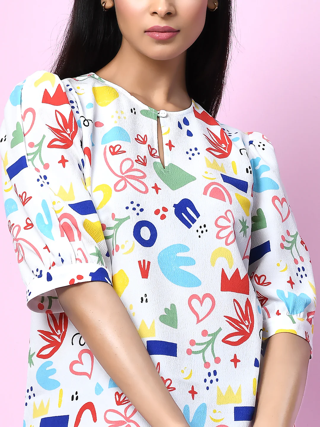 White Quirky Printed Puff Sleeve Top - Image 6