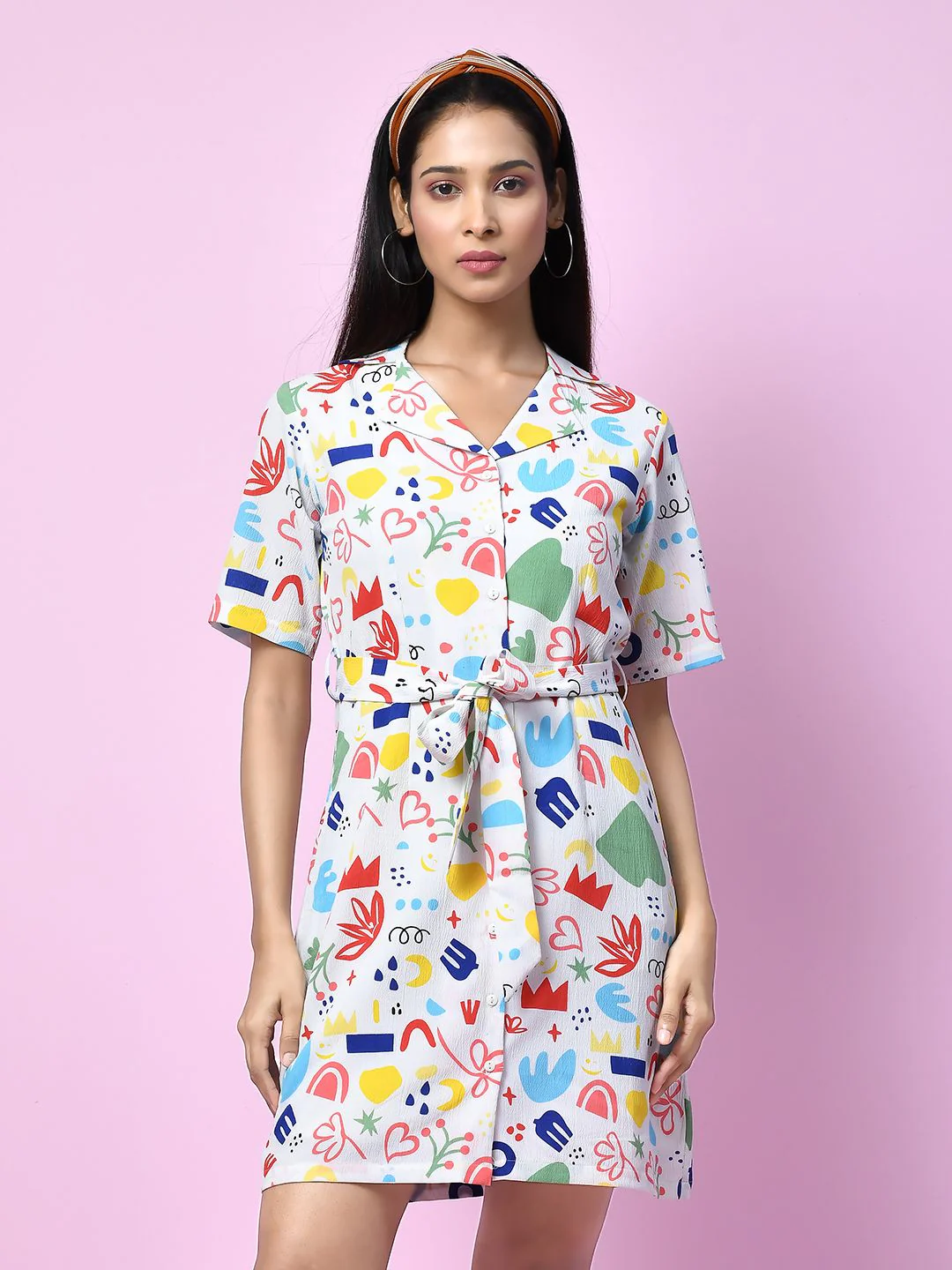 White Quirky Printed Tie-Up Short Dress - Image 2