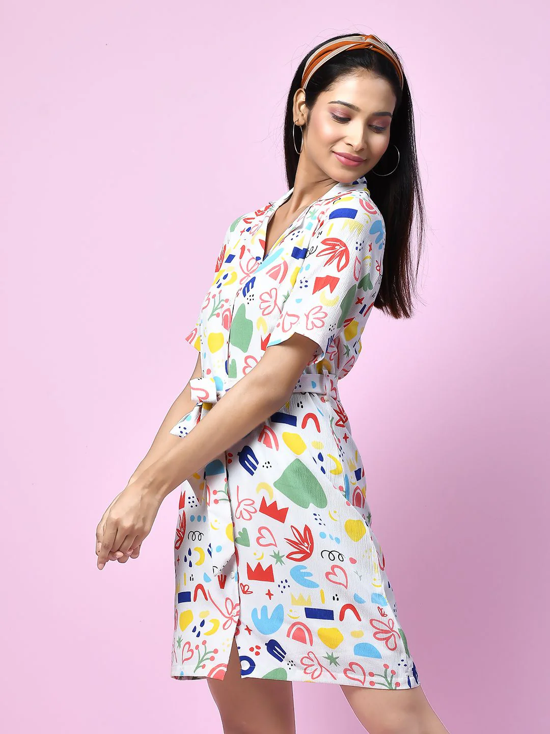 White Quirky Printed Tie-Up Short Dress - Image 3