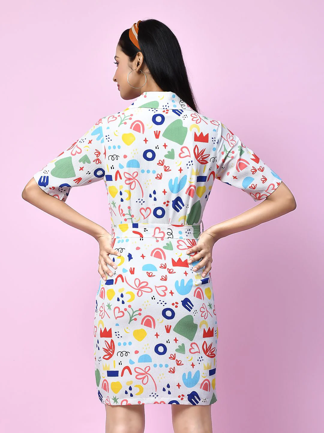 White Quirky Printed Tie-Up Short Dress - Image 4