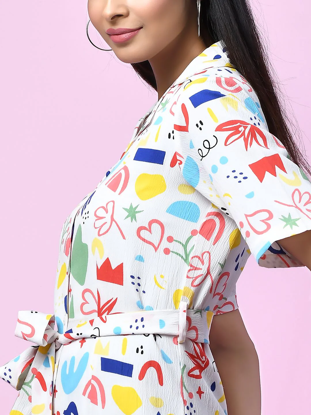 White Quirky Printed Tie-Up Short Dress - Image 6