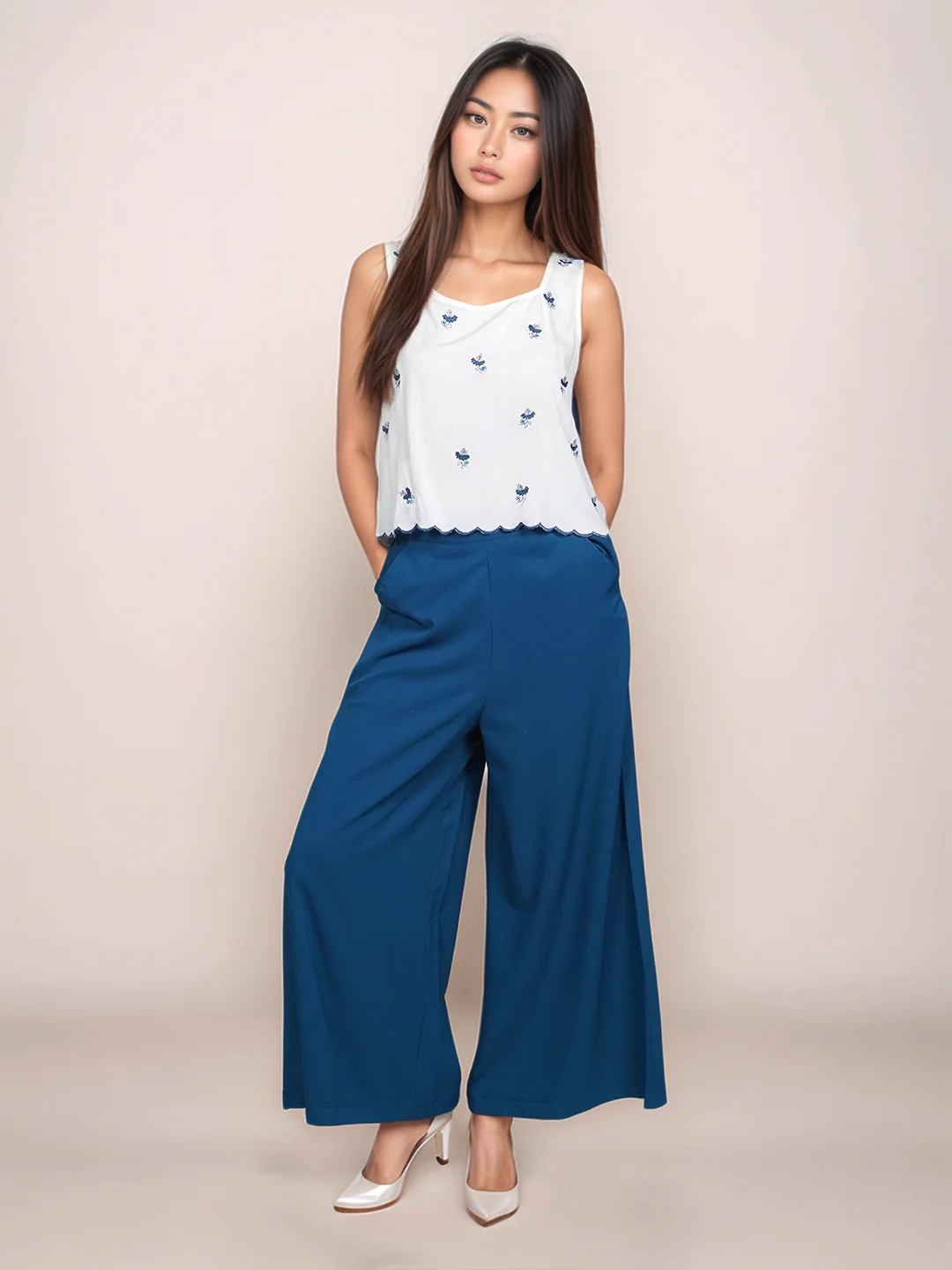 White Solid Embroidered Basic Top