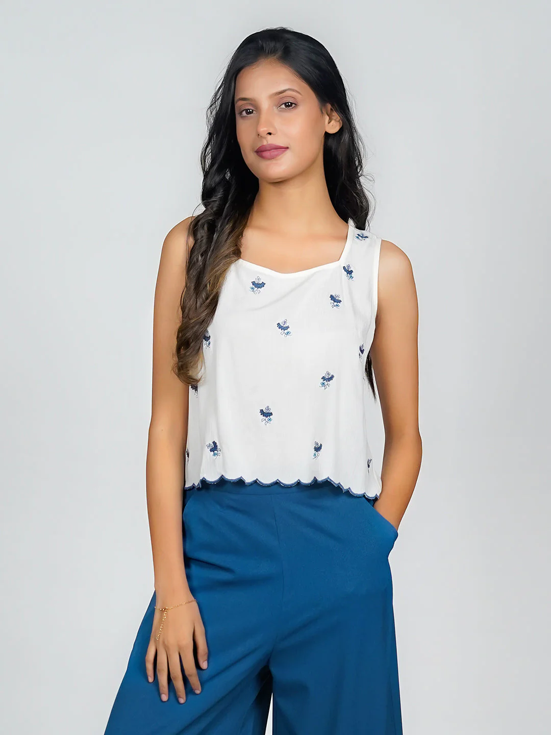 White Solid Embroidered Basic Top - Image 2