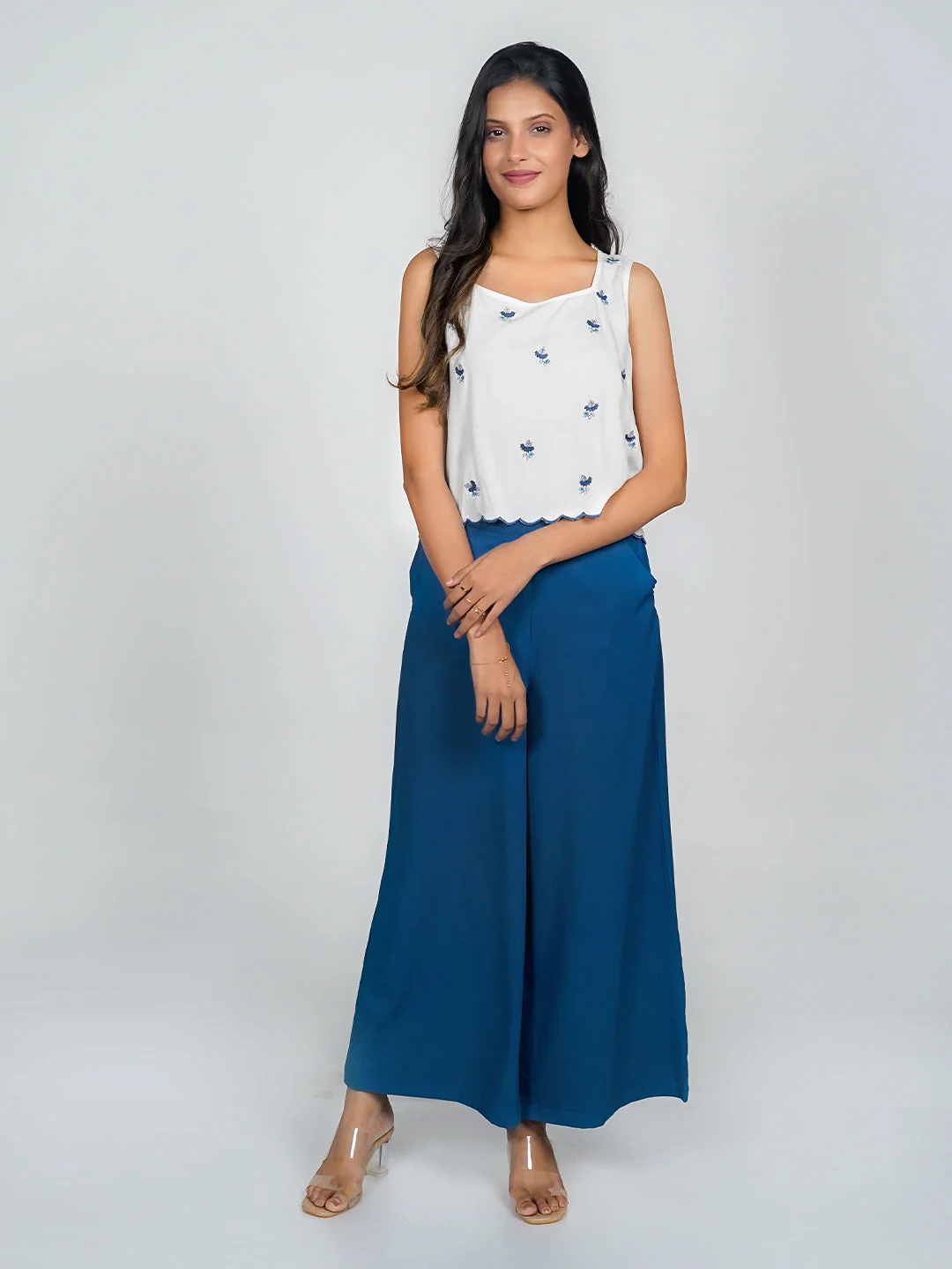White Solid Embroidered Basic Top - Image 3
