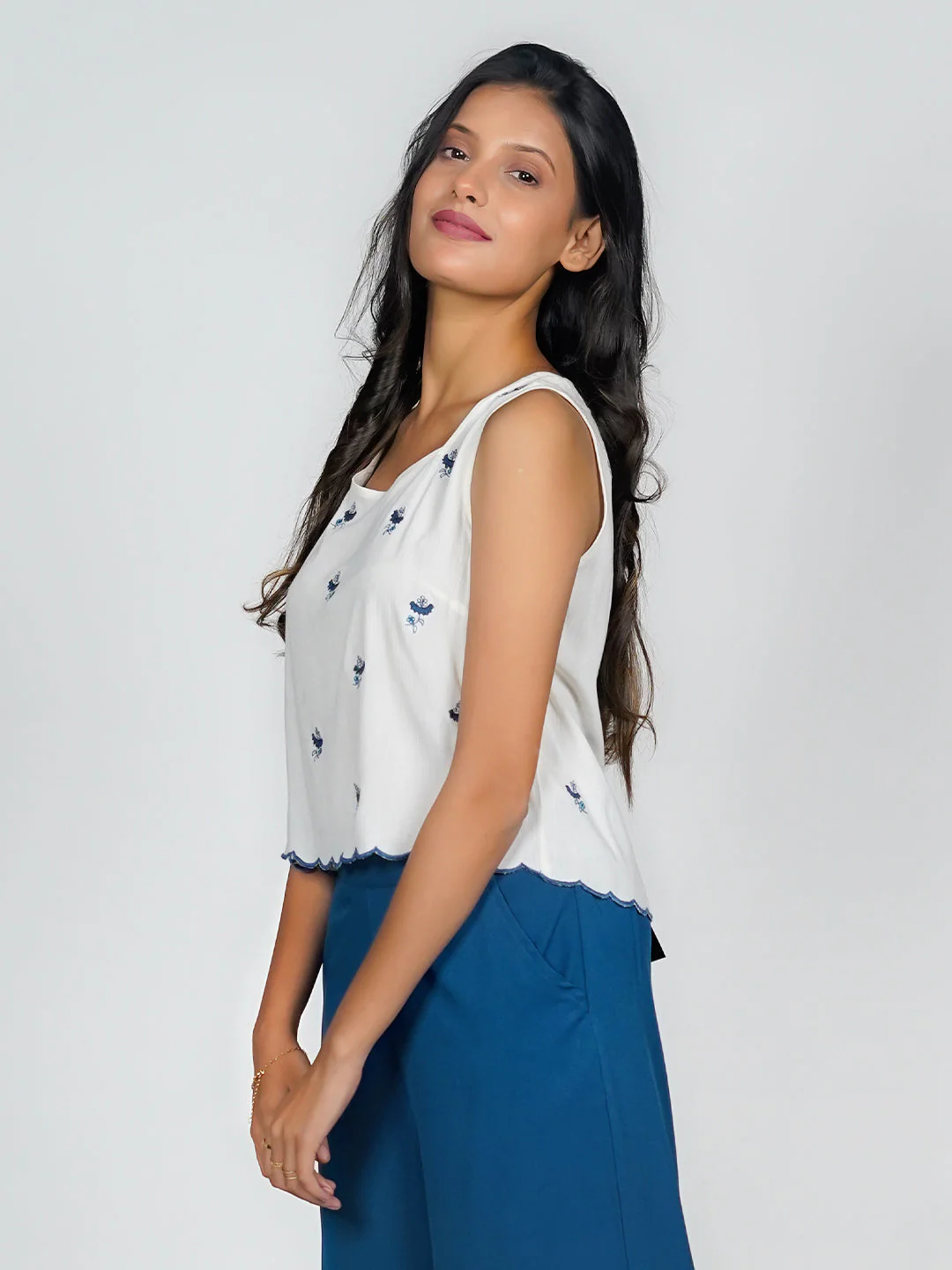White Solid Embroidered Basic Top - Image 4
