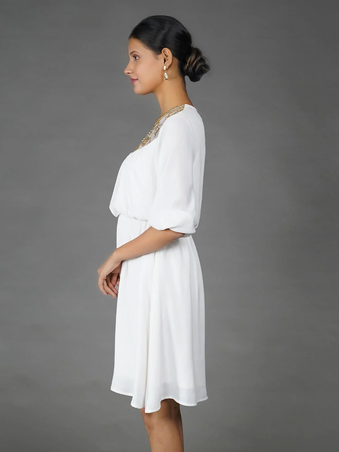 White Solid Embroidered Flared Mini Dress - Image 3