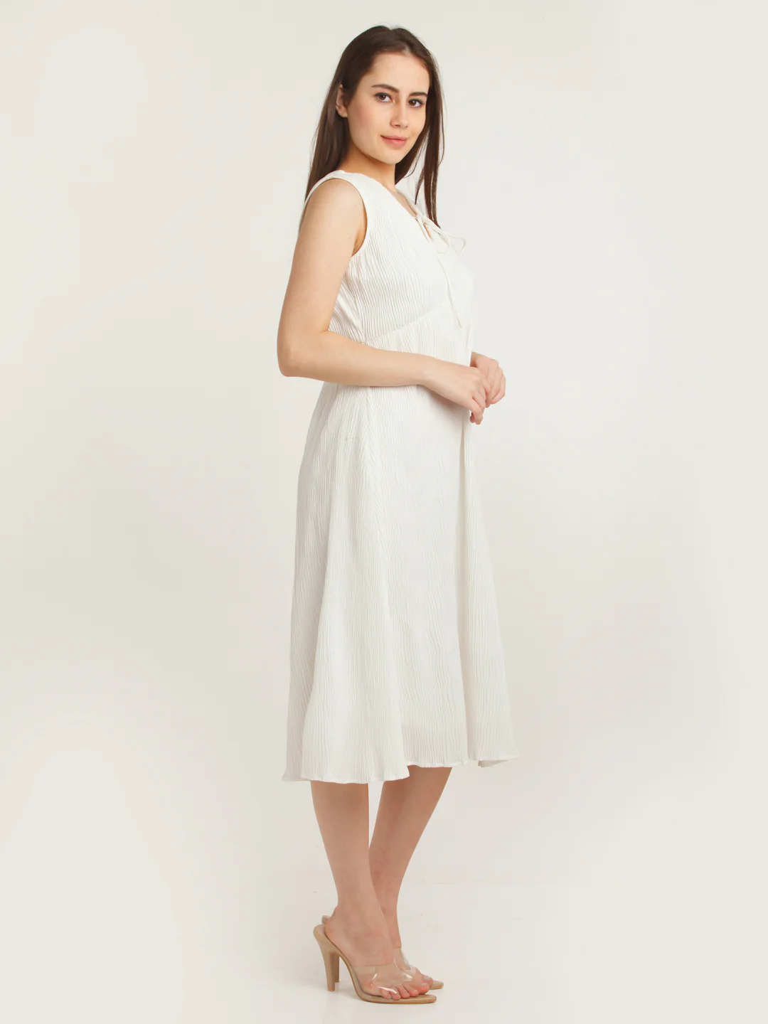 White Solid Empire Midi Dress - Image 3